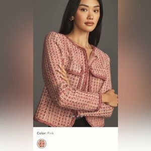 Anthropologie Pink Slim Cropped Tweed Jacket